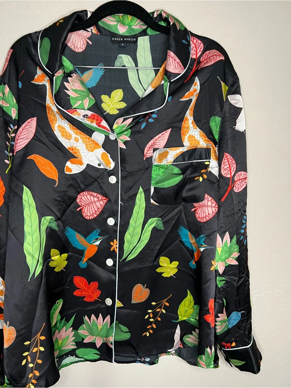 Karen Mabon 100% Silk Black Botanical Koi Fish Bird Luxury 2 Piece Pajama Set
